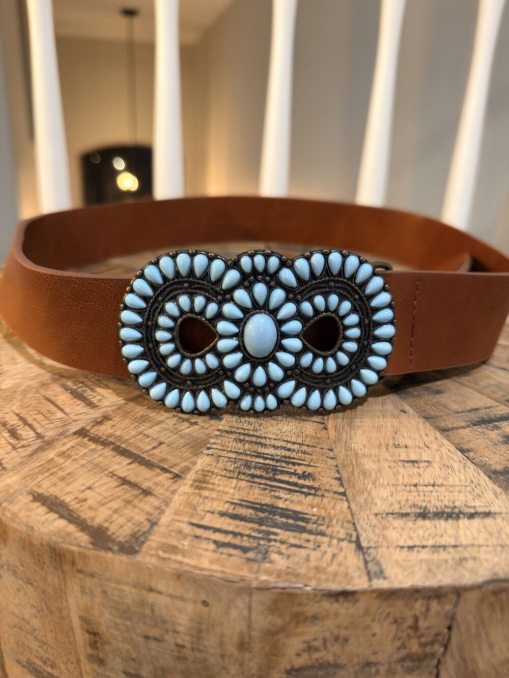 BKE Brown Western Belt Turquoise Beaded Buckle Size Medium